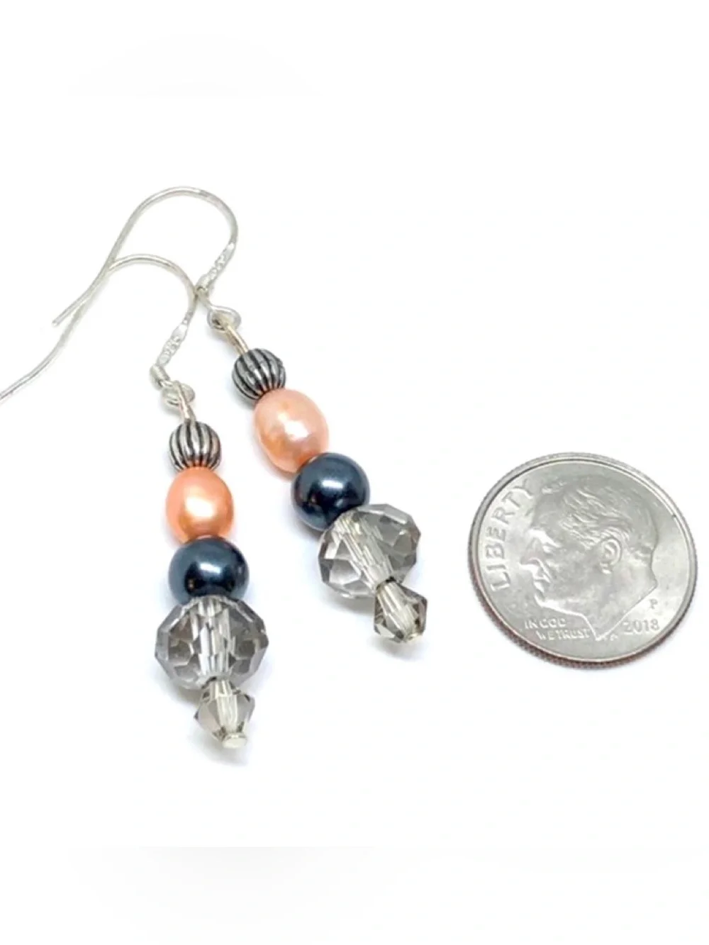 Gray Crystal Peach Orange and Black FW Pearl Antique Silver Tone Dangle Earrings